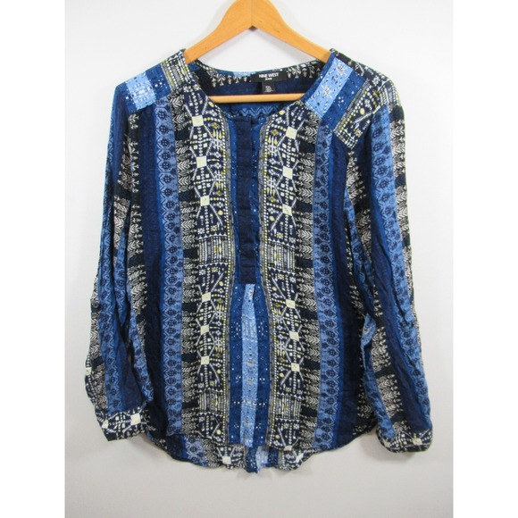 Nine West Tops - Nine West Popover Blouse Women 2XL Blue Roll Tab Long Sleeve Boho